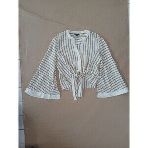 Halogen Shirt Top Blouse Womens M Beige Striped Bell Sleeve Cropped Classic